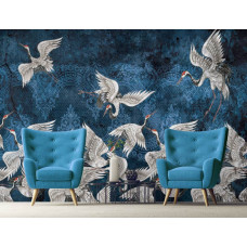 Eine Fototapete mit abstrakter Kranichkunst, passend für ein stilvolles Wohnzimmer.