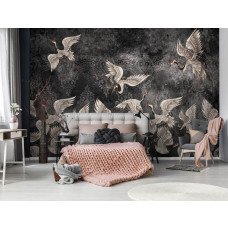 Eine Fototapete mit Kranichen in einem abstrakten und künstlerischen Design in Schwarz-Weiß, perfekt für ein ruhiges Schlafzimmer.