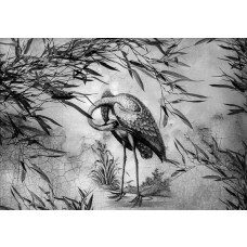 Schwarz-Weiß-Bild eines Kranichs in einer ruhigen natürlichen Umgebung, in klaren Linien...