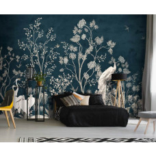 Eine Fototapete mit Kranichen bei den Bäumen, Kunststil für das Jugendzimmer.