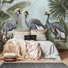 Eine Fototapete mit Kranichen im Dschungel, ideal für ein Schlafzimmer.