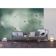 Eine Fototapete mit Kranichen in einem nebligen Wald, mit Airtex Vliestapete in einem Wohnzimmer.