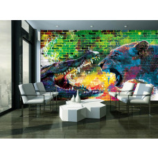 Eine Graffiti-Zeichnung mit einem Krokodil und Löwin im Kunststil für das Wohnzimmer.