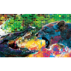 Fototapete von einem Krokodil und Löwin mit Graffiti-Zeichnung, cool und urban.