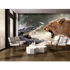 Eine Fototapete mit einem Krokodil und einer Löwin für das Wohnzimmer.