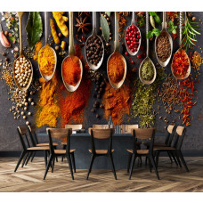 Fototapete Kräuter und Gewürze in der Küche mit lebendigen Gewürztönen und eleganter Präsentation.