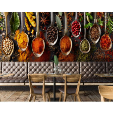 Fototapete Kräuter und Gewürze in einem Restaurant mit stimmungsvoller Darstellung von bunten Löffeln voller Kräuter.