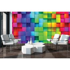 Fototapete im Wohnzimmer mit farbenfrohen 3D-Würfeln, die dem Raum Tiefe und ein verspieltes Design verleihen.