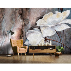 Eine Kunst-Fototapete mit Blumen im Malerei-Stil für das Wohnzimmer.