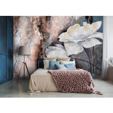 Eine Kunst-Fototapete mit Blumen im Malerei-Stil für das Schlafzimmer.