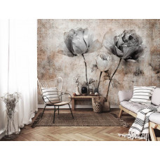 Eine Fototapete von Kunst mit Rosen in Beton im Wohnzimmer und Wohnzimmer.