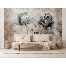 Eine Fototapete von Kunst mit Rosen in Beton mit Blumen im Wohnzimmer.