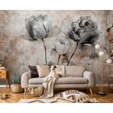 Eine Fototapete von Kunst mit Rosen in Beton im Wohnzimmer.