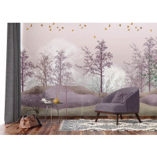 Fototapete künstlerischer Zauberwald als Vliestapete im Wohnzimmer, mit subtilen Grün- und Brauntönen, die eine beruhigende Wirkung auf den Raum haben.