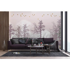 Fototapete künstlerischer Zauberwald im Wohnzimmer, wobei das magische Waldmotiv dem Interieur einen Hauch von Fantasie und Mystik verleiht.