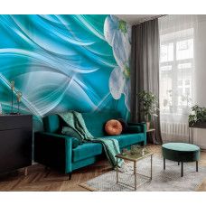 Eine Fototapete mit Magnolienblüten und abstrakten, gewellten Rauten, ideal für das Wohnzimmer.