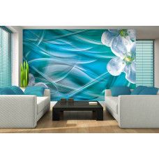 Eine Fototapete mit kunstvollen Magnolien und Rautendetails, geeignet für das Wohnzimmer.