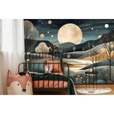 Eine Fototapete mit einer künstlerischen Nachtlandschaft mit Vollmond und Sternen in einem Jungenzimmer in einem Kinderzimmer.