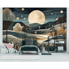 Eine Fototapete mit einer künstlerischen Nachtlandschaft mit Vollmond und Sternen in einem Kinderzimmer.