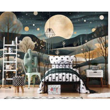Eine Fototapete mit einer künstlerischen Nachtlandschaft mit Vollmond und Sternen auf Vliestapete in einem Kinderzimmer.