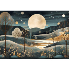 Eine künstlerische Nachtlandschaft mit Vollmond und Sternen beleuchtet diese stimmungsvolle Fototapete.