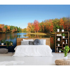 Eine Fototapete von einem See mit Wald in einer Landschaft, die im Schlafzimmer zu sehen ist.