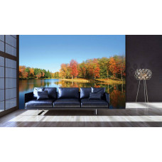 Eine Fototapete von einem See mit Wald in einer Landschaft, die im Wohnzimmer zu sehen ist.