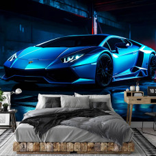 Eine Fototapete mit einem Lamborghini Aventador Neon-Auto in einem Jungenzimmer in einem Schlafzimmer.