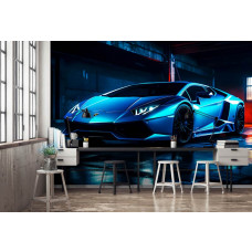 Eine Fototapete mit einem Lamborghini Aventador Neon-Auto in einem Büro.