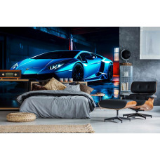 Eine Fototapete mit einem Lamborghini Aventador Neon-Auto in einem Schlafzimmer.