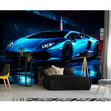 Eine Fototapete mit einem Lamborghini Aventador Neon-Auto in einem Schlafzimmer.
