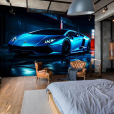 Eine Fototapete mit einem Lamborghini Aventador Neon-Auto in einem Schlafzimmer auf Vliestapete.
