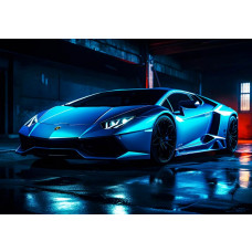 Ein neonbeleuchteter Lamborghini Aventador in einer futuristischen Rennumgebung, dargestellt auf dieser energiegeladenen Fototapete.
