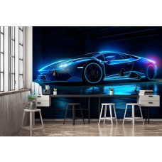 Eine Fototapete mit einem Lamborghini Huracán in Neonlichtern, ideal für ein cooles Büro.