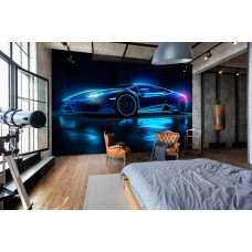 Eine Fototapete mit einem neonbeleuchteten Lamborghini Huracán auf einer Rennstrecke, perfekt für ein Kinderzimmer oder Schlafzimmer.