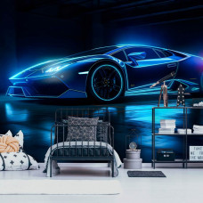 Eine Fototapete mit einem Lamborghini Huracán mit Neonlichteffekten für ein Kinderzimmer.