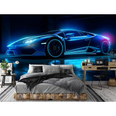Eine Fototapete mit einem sportlichen Lamborghini Huracán auf einer nächtlichen Rennstrecke, speziell für ein Schlafzimmer.