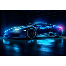 Ein neonbeleuchteter Lamborghini Huracán in einer futuristischen Rennumgebung, dargestellt auf dieser eindrucksvollen Fototapete.