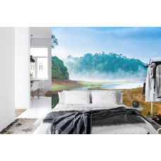 Eine beruhigende Fototapete einer Landschaft mit Nebel und Wald, ideal für ein Schlafzimmer.