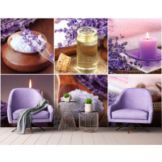 Fototapete einer Lavendel-Collage im Spa-Stil für das Wohnzimmer.