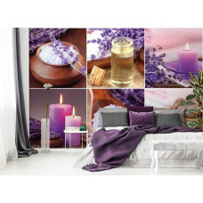 Fototapete einer Lavendel-Collage mit Badezimmerelementen in Lila-Tönen, ideal für ein Schlafzimmer.