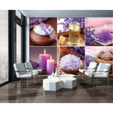 Fototapete mit Lavendel und Kerzen für eine entspannte Atmosphäre im Wohnzimmer.