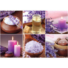 Fototapete einer Lavendel-Collage, mit Blumen, Kerzen und Badezimmerelementen im Spa-Stil.