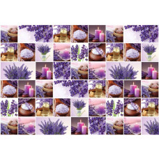 Fototapete einer Lavendel-Collage, mit lila Spa-Blumen, Kerzen und einer Sauna.
