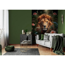 Fototapete eines Löwen mit Blumen in einem stilvollen Wohnzimmer.