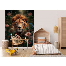 Fototapete eines Löwen mit Blumen in einem lebhaften Kinderzimmer.