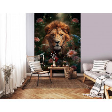 Fototapete eines Löwen mit Blumen in einem ruhigen Schlaf- und Wohnzimmer.