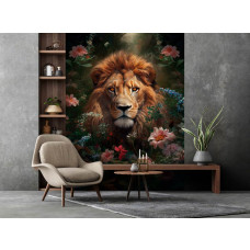 Fototapete eines Löwen mit Blumen in einem stimmungsvollen Wohnzimmer.
