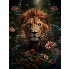 Fototapete eines Löwen inmitten von Blumen, mit einem natürlichen und kraftvollen Look.