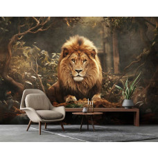 Fototapete im Wohnzimmer mit realistischer Darstellung eines Löwen in der Savanne bei Sonnenuntergang.